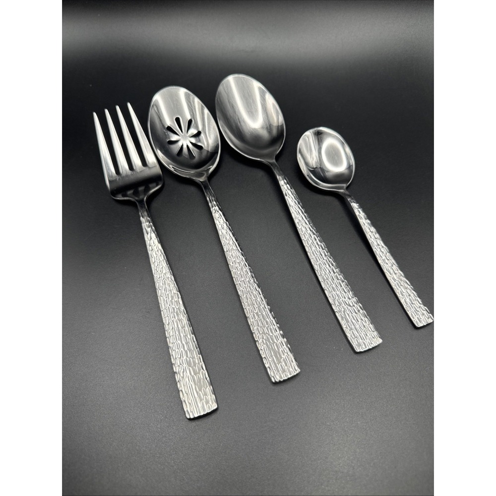Mikasa Oliver Serving Fork + 3 Spoons Set Flatware Stainless Silverware Hammered